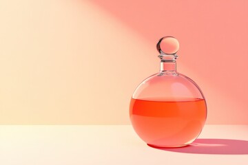Round glass bottle with orange liquid on a pale background.