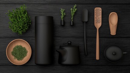 An assortment of kitchen tools including a ceramic pot wooden spoon and spatula arranged with fresh herbs on a dark wooden surface