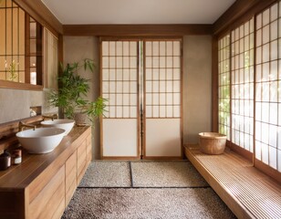 Japanese-inspired bathroom with wooden tub, stone floor, low vanity, and rice paper screens filtering natural light