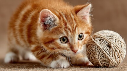 Adorable ginger kitten curiously playing with a ball of string showcasing its soft fluffy fur and captivating eyes