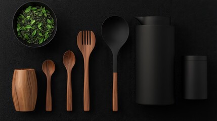 An arrangement of various wooden cooking utensils including spoons forks and a ladle alongside a bowl of fresh green herbs against a minimalist dark backdrop