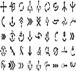 Diverse collection of grunge-textured arrow icons in various directions, ideal for navigation and indicating movement.

