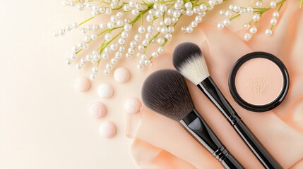 A delicate arrangement of makeup brushes powder and spring flowers on a soft pink background evoking a fresh natural beauty aesthetic