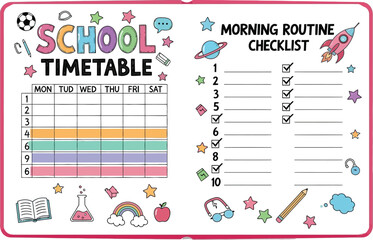 School timetable planner template for students, kids weekly schedule and morning routine checklist design