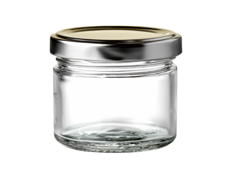 A small, clear glass jar with a silver metal lid, perfect for preserving homemade goods or storing small items. isolated on a white background