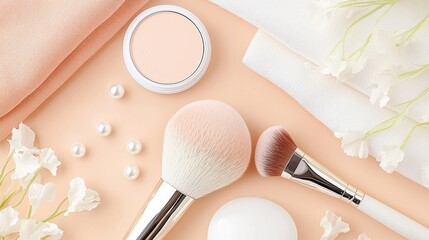 An elegant arrangement of makeup and beauty products including makeup brushes a powder compact and delicate floral elements on a pastel colored background