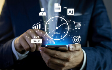 Futuristic Smartphone Projection with 2026 Clock and Business-Tech Icons