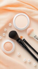 A collection of makeup products including powder brushes and pearl accents arranged on a delicate peach colored fabric background creating a refined and captivating aesthetic