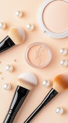 An elegant display of various makeup products and applicators including powder compacts makeup brushes and pearl embellishments arranged on a delicate peach colored background