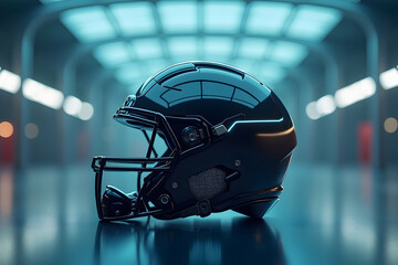 A sleek hightech football helmet with intricate curves reflects advanced engineering and a futuristic sporting aesthetic in a cool blue environment