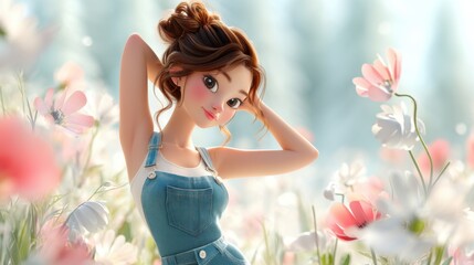 A dreamy portrait of a young woman with a serene expression set against a backdrop of vibrant flowers and lush greenery in a tranquil spring meadow