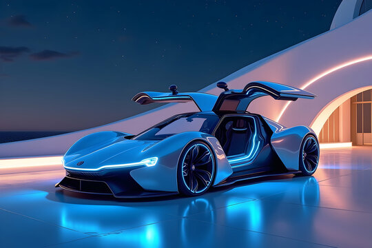 A Sleek Silver Gullwing Door Futuristic Car Concept Showcasing Innovation and Cutting Edge Automobile Technology