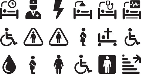 Hospital signage glyph icon set. Vector pictograms of clinic , nurse, doctor, pharmacy, medication, vaccination, syringe, patient, room, operating, radiology, MRI, black sign silhouette illustration