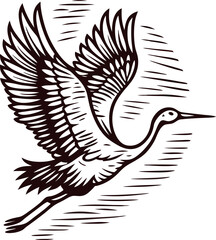 Obraz premium Elegant hand drawn crane illustration in flight with spread wings, vintage engraved style, isolated on white background