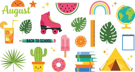 August summer back to school clip art collection with tropical leaves and fun summer themed elements