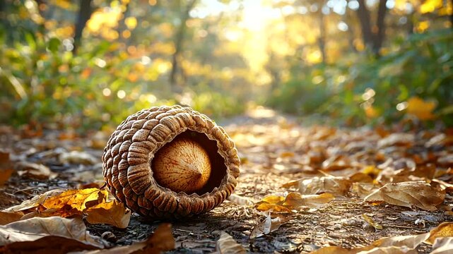 A close-up of an acorn nestled in its shell on a sunlit forest path surrounded by autumn leaves