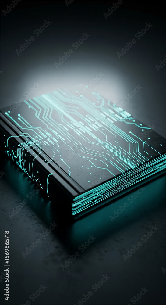 Fototapete black book with glowing teal circuit lines, showcasing technological advancement, digital knowledge,
