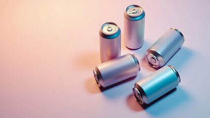 A captivating composition displaying four sleek metallic cans arranged on a gradient pastel surface offering versatile creative and advertising opportunities