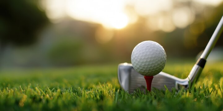 The golf ball on tee with club at sunset in a lush green field. - Powered by Adobe