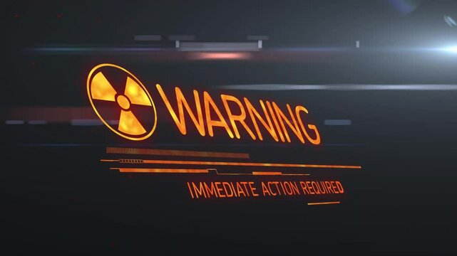 Glowing orange symbol fading in, rotating, turning WPX into WARNING, glitching signaling action