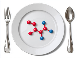 Illustration of an Empty Plate Featuring a Molecular Model Represented by Colored Balls Indicating Chemical Structure