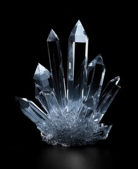 A collection of shimmering, clear quartz crystals, their pointed tips reaching up against a black backdrop.