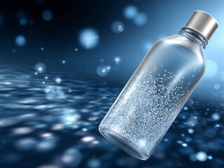 Transparent Plastic Bottle Surrounded by Shimmering Bubbles in an Abstract Background With Blue and Silver Tones