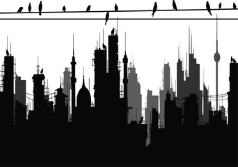 Naklejka premium Urban cityscape skyline design shows birds perched on power lines above a modern city, a silhouetted, graphic resource.