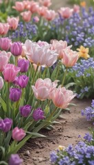 Fototapeta premium A pastel dream of tulips and violets, soft hues, and delicate blooms, spring, bouquet, whimsical