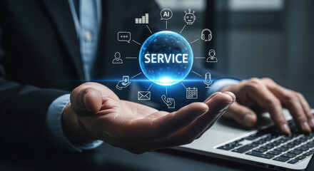 Man interacting with a glowing sphere labeled "SERVICE" surrounded by various icons, symbolizing comprehensive digital services, AI, and customer support