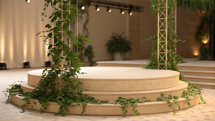 Elegant Two-Tiered Wedding Ceremony Stage Decorated with Lush Greenery and Metal Accents