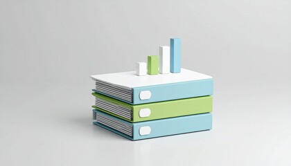 3D icon of a stack of data analysis files with a floating statistical chart above them