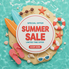 Summer Sale Special Offer Banner with Beach Vacation Elements 3D Render