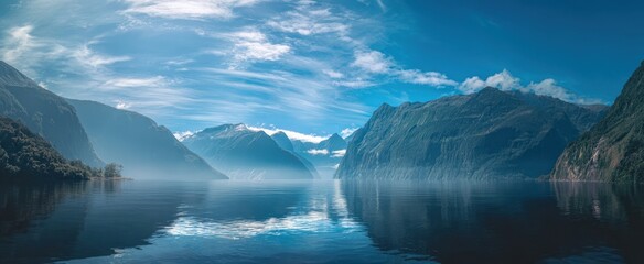 The breathtaking landscape of misty mountains reflecting in calm lake waters.