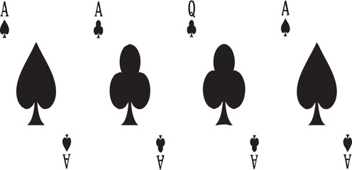 Classic playing card elements: two Aces of Spades and two Clubs (Ace and Queen) for casino and game designs.

