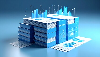 3D icon of a stack of data analysis files with a floating statistical chart above them