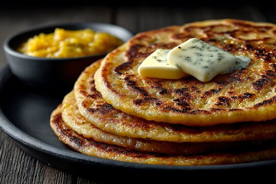 Freshly Cooked Aloo Paratha Served Hot With A Pat Of Butter Melting On Top, Paired With A Bowl Of Yogurt And Mango Pickle. The Paratha Is Golden And Crisp, With