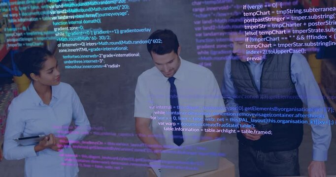 Developer typing on silver laptop activating code overlay with analyst and lead guiding debugging