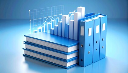 Obraz premium 3D icon of a stack of data analysis files with a floating statistical chart above them