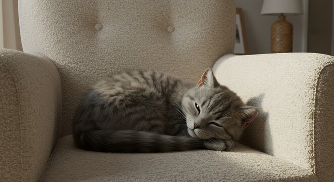 Sleeping gray cat on armchair