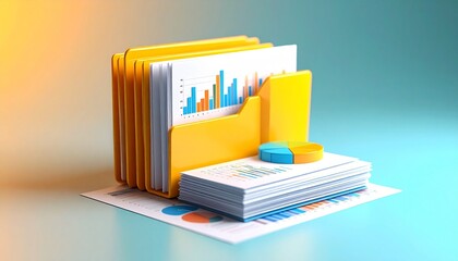 3D icon of a stack of data analysis files with a floating statistical chart above them