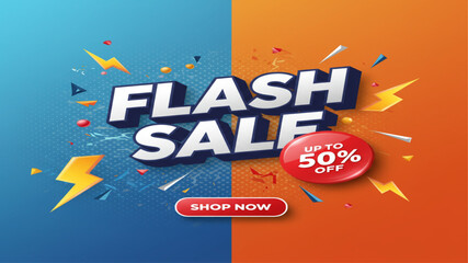Flash Sale Discount Offer Banner Template with 3D Text, Lightning, and Button