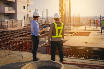 Construction engineers supervising progress of construction project stand on new factory,Engineering Consulting People on construction site holding blueprint in his hand. Building inspector.