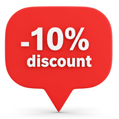 Red Speech Bubble Tag with -10 Percent Discount Text, 3D Render on White Background