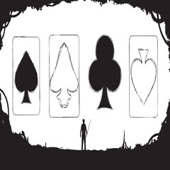 Mysterious scene with a silhouetted figure facing giant playing card suits, a blend of fantasy and poker.

