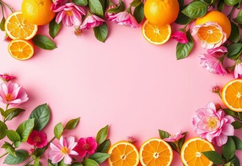 Summer blooming citrus & floral border on pastel pink  Flat lay, top view, copy space, blossom, natural