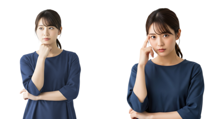 Young Asian Woman Thinking with Two Poses Showing Different Thoughtful Expressions on White Background