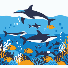 Obraz premium Cartoon Dolphin and Fish Illustration - Underwater Scene with Coral Reef - Colorful Marine Life Art for Kids - Ocean Animal Design