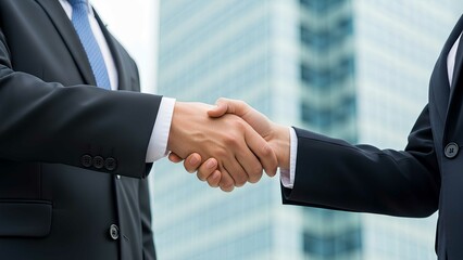 Closeup handshake between businessman and businesswoman with modern skyscraper background. Symbol of business meeting, teamwork, and corporate partnership. Copy space included.