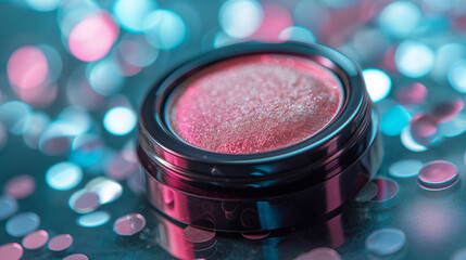 Pink Glitter Cream Blush in Glossy Container on Reflective Tile,pink sparkle cosmetics close-up, beauty marketing visual